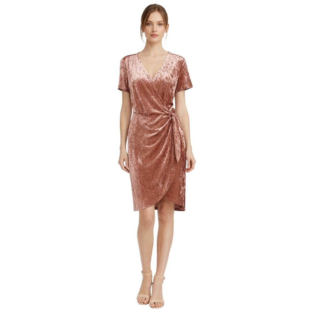 Bobeau Velvet Wrap Dress Rose Pink Short Sleeve Midi Size M